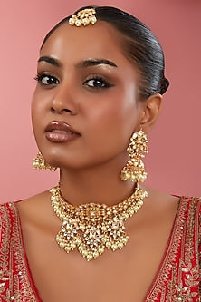 Gold Finish Kundan Polki & Pearl Choker Necklace Set