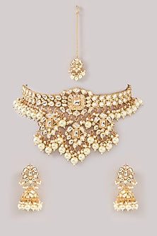 Gold Finish Kundan Polki & Pearl Choker Necklace Set