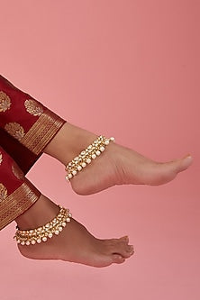 Gold Finish Kundan Polki Anklets (Set Of 2)