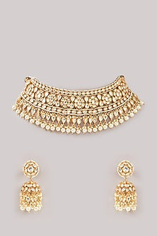 Gold Finish Kundan Polki & Pearl Necklace Set