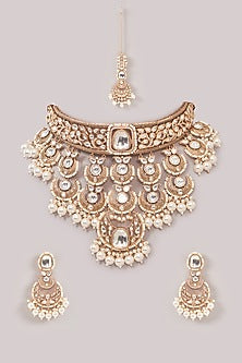 Gold Finish Kundan Polki & Pearl Necklace Set