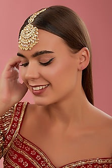Gold Finish Kundan Polki & Pearl Maangtikka