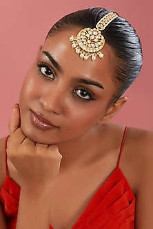 Gold Finish Kundan Polki & Pearl Maangtikka