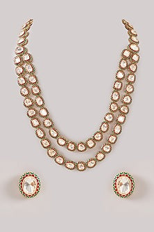 Gold Finish Kundan Polki Layered Meenakari Necklace Set