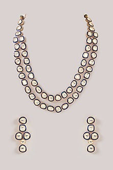 Gold Finish Kundan Polki Layered Meenakari Necklace Set
