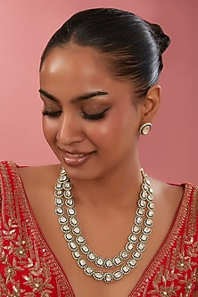 Gold Finish Kundan Polki Layered Meenakari Necklace Set