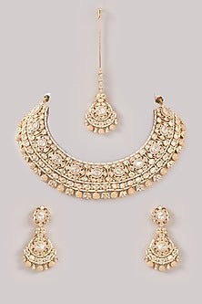 Gold Finish Kundan Polki & Pearl Choker Necklace Set