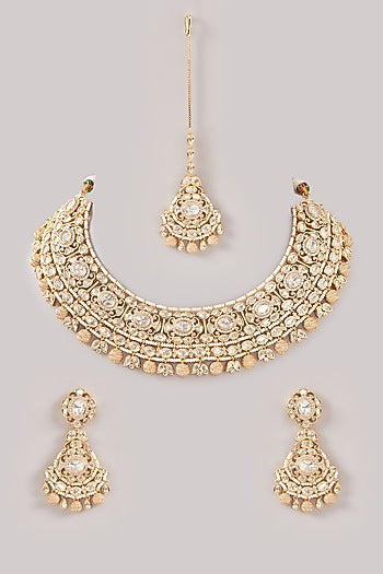 Gold Finish Kundan Polki & Pearl Choker Necklace Set