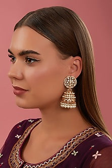 Gold Finish Kundan Polki & Pearl Jhumka Earrings