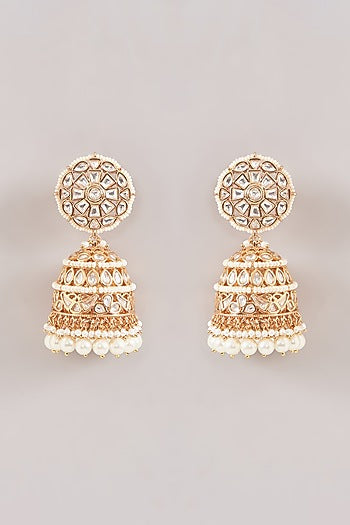 Gold Finish Kundan Polki & Pearl Jhumka Earrings