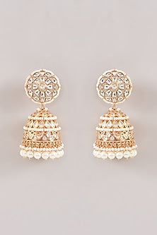Gold Finish Kundan Polki & Pearl Jhumka Earrings