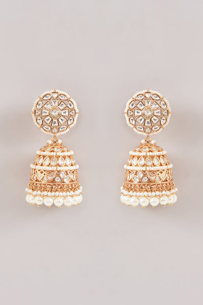 Gold Finish Kundan Polki & Pearl Jhumka Earrings