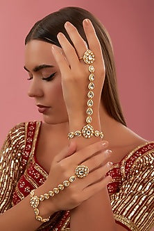 Gold Finish Kundan Polki & Pearl Hathphools (Set Of 2)