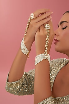 Gold Finish Kundan Polki & Pearl Hathphools (Set Of 2)