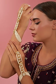 Gold Finish Kundan Polki & Pearl Hathphools (Set Of 2)