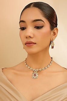 Gold Finish Moissanite & Red Stone Pendant Necklace Set