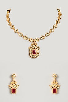 Gold Finish Moissanite & Red Stone Pendant Necklace Set