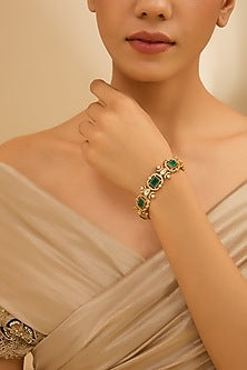 Gold Finish Moissanite & Green Stone Openable Bracelet