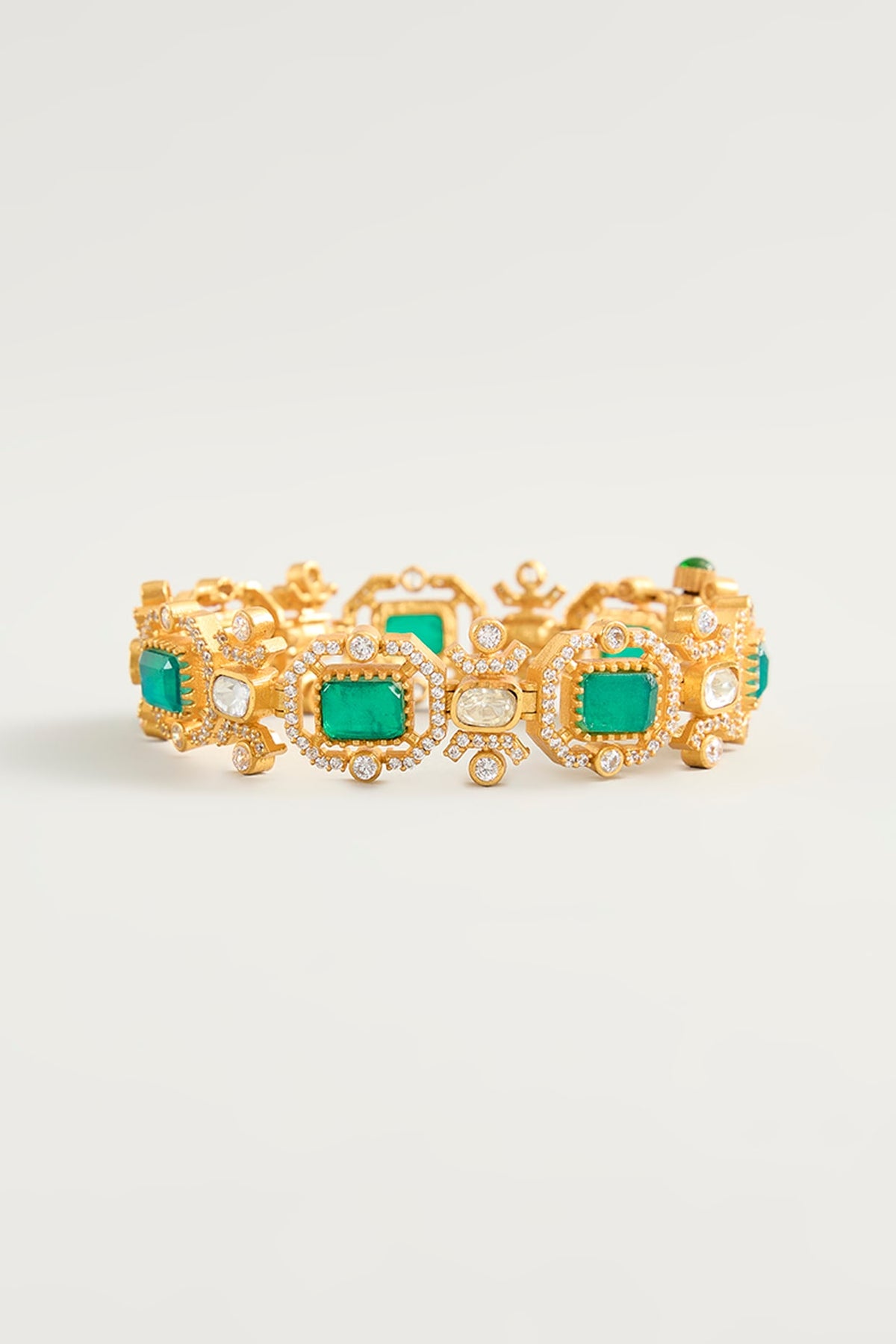 Gold Finish Moissanite & Green Stone Openable Bracelet