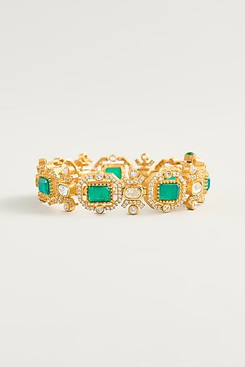 Gold Finish Moissanite & Green Stone Openable Bracelet