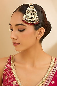 Gold Finish Kundan Polki & Red Beaded Pasa