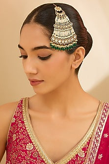 Gold Finish Kundan Polki & Green Beaded Pasa