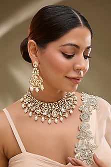Gold Finish Kundan Polki & Pearl Drop Necklace Set