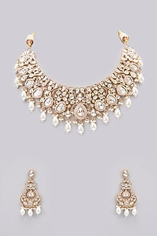 Gold Finish Kundan Polki & Pearl Drop Necklace Set
