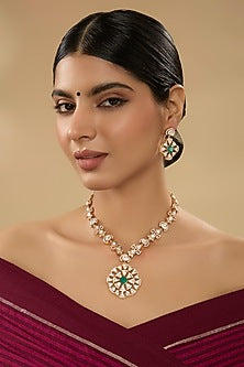 Gold Finish Kundan Polki & Green Stone Necklace Set