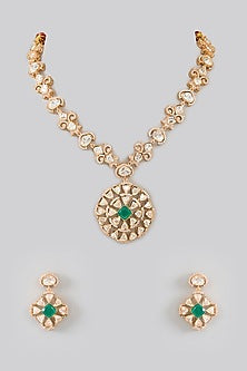 Gold Finish Kundan Polki & Green Stone Necklace Set