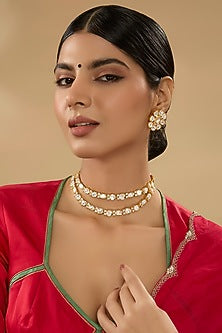 Gold Finish Kundan Polki & Pearl Petit Necklace Set