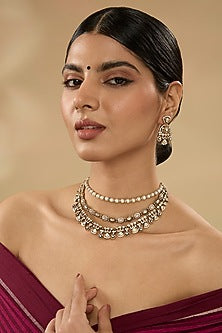 Two Tone Finish Kundan Polki & Pearl Layered Necklace Set