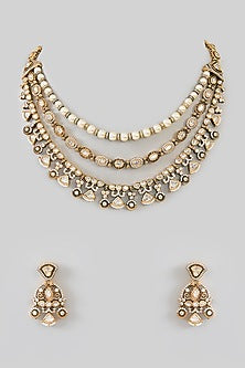 Two Tone Finish Kundan Polki & Pearl Layered Necklace Set