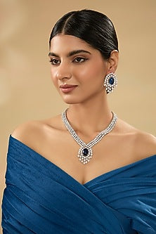 White Finish Diamond & Blue Stone Pendant Necklace Set