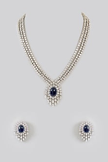 White Finish Diamond & Blue Stone Pendant Necklace Set