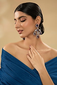 White Finish Diamond & Purple Stone Dangler Earrings