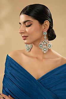 White Finish Diamond & Green Stone Dangler Earrings