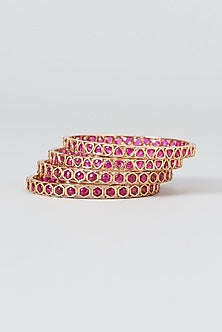 Gold Finish Kundan Polki & Ruby Stone Bangles (Set of 4)