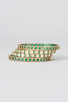 Gold Finish Kundan Polki & Emerald Stone Bangles (Set of 4)