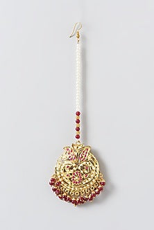 Gold Finish Kundan Polki & Pearl Hanging Maangtikka