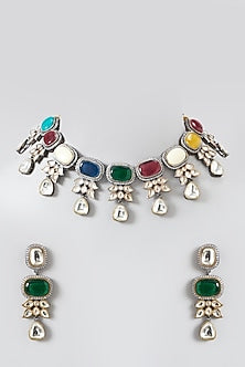 Gold Plated Kundan Polki & Navratna Stone Choker Necklace Set