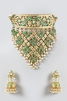 Gold Finish Kundan Polki & Emerald Choker Necklace Set