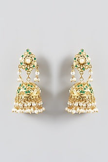 Gold Finish Kundan Polki & Emerald Choker Necklace Set