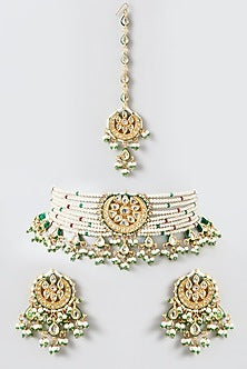 Gold Finish Kundan Polki & Emerald Choker Necklace Set