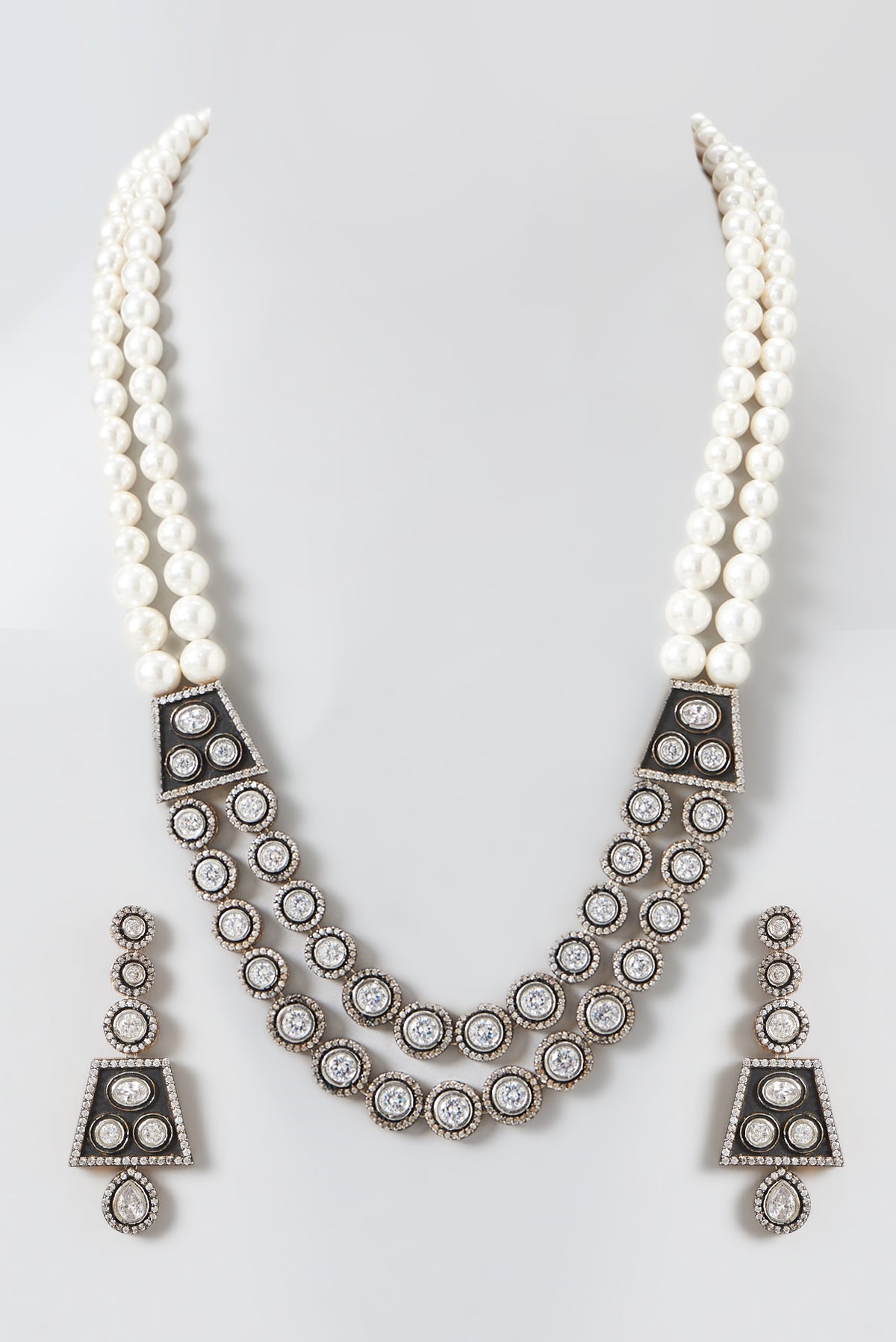 Black Rhodium Finish Kundan Polki & Pearl Necklace Set