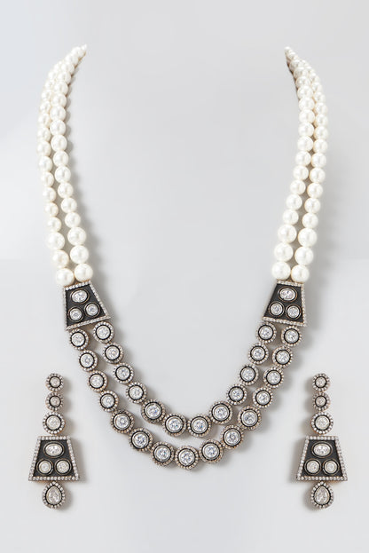 Black Rhodium Finish Kundan Polki & Pearl Necklace Set