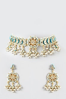 Gold Finish Kundan Polki & Pearl Necklace Set