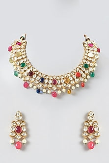 Gold Plated Kundan Polki & Navratna Stone Necklace Set
