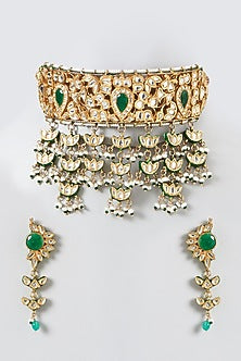 Gold Finish Kundan Polki & Emerald Choker Necklace