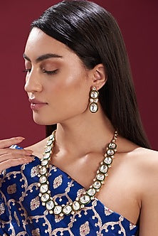 Black Rhodium Finish Kundan Polki & Pearl Necklace Set